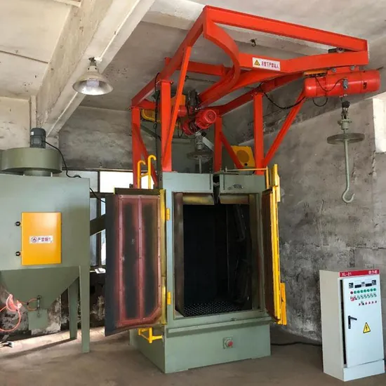 Granalladora Q37 para eliminar óxido de piezas industriales, ideal para piezas pequeñas y medianas, fácil de colgar.
